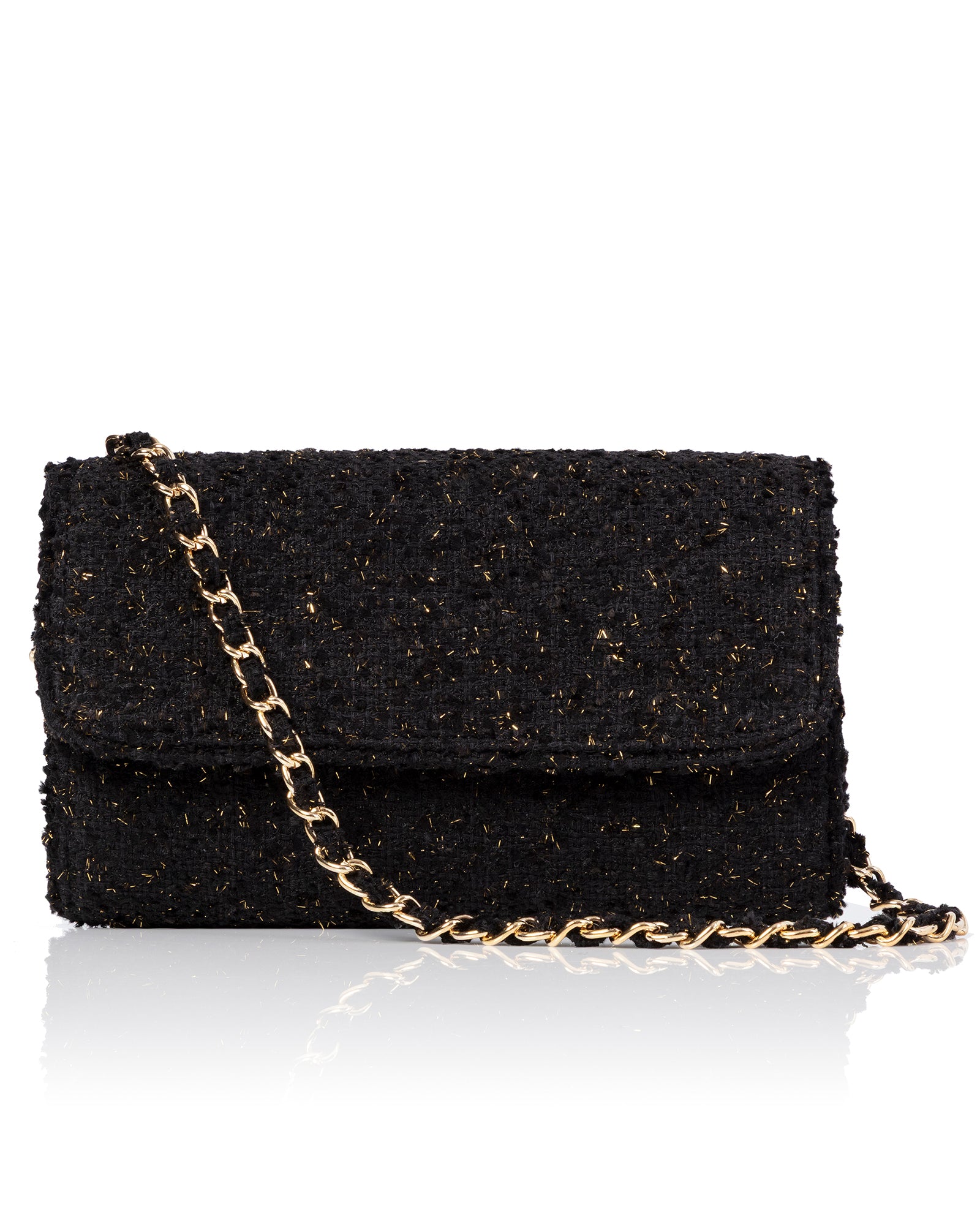 Black textured clutch bag with a gold chain on a white background image