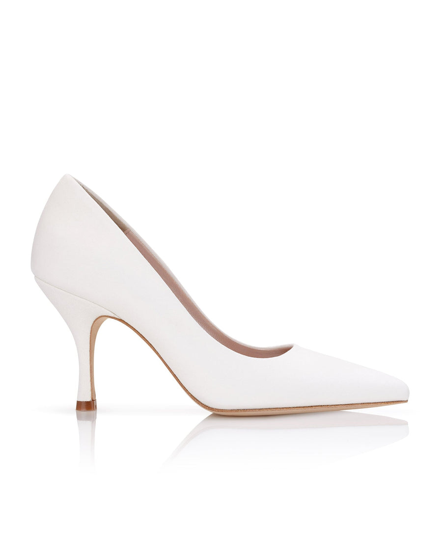 White leather heels with a pointed toe and a slender stiletto heel, set against a clean white background. The shoe is displayed at a side angle, showcasing its elegant silhouette. image