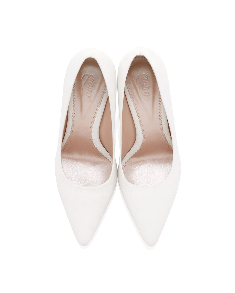 White pointed-toe heels with a sleek design, featuring a smooth upper and a subtle sheen. The shoes are displayed from a top-down angle against a plain white background, emphasizing their elegant silhouette. image