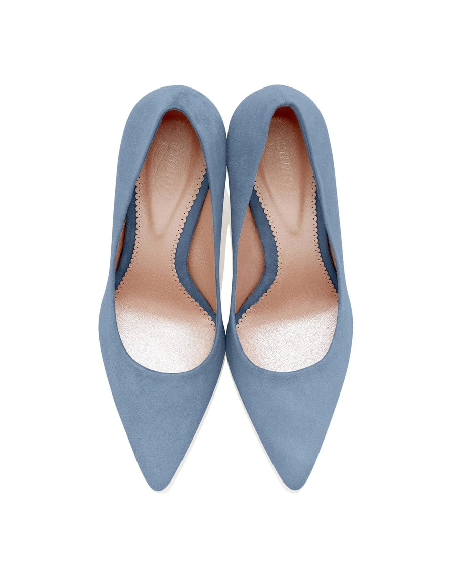Blue suede heels with a pointed toe design, featuring a scalloped edge along the sides. The shoes are displayed from a top-down angle against a white background, highlighting their sleek silhouette. image