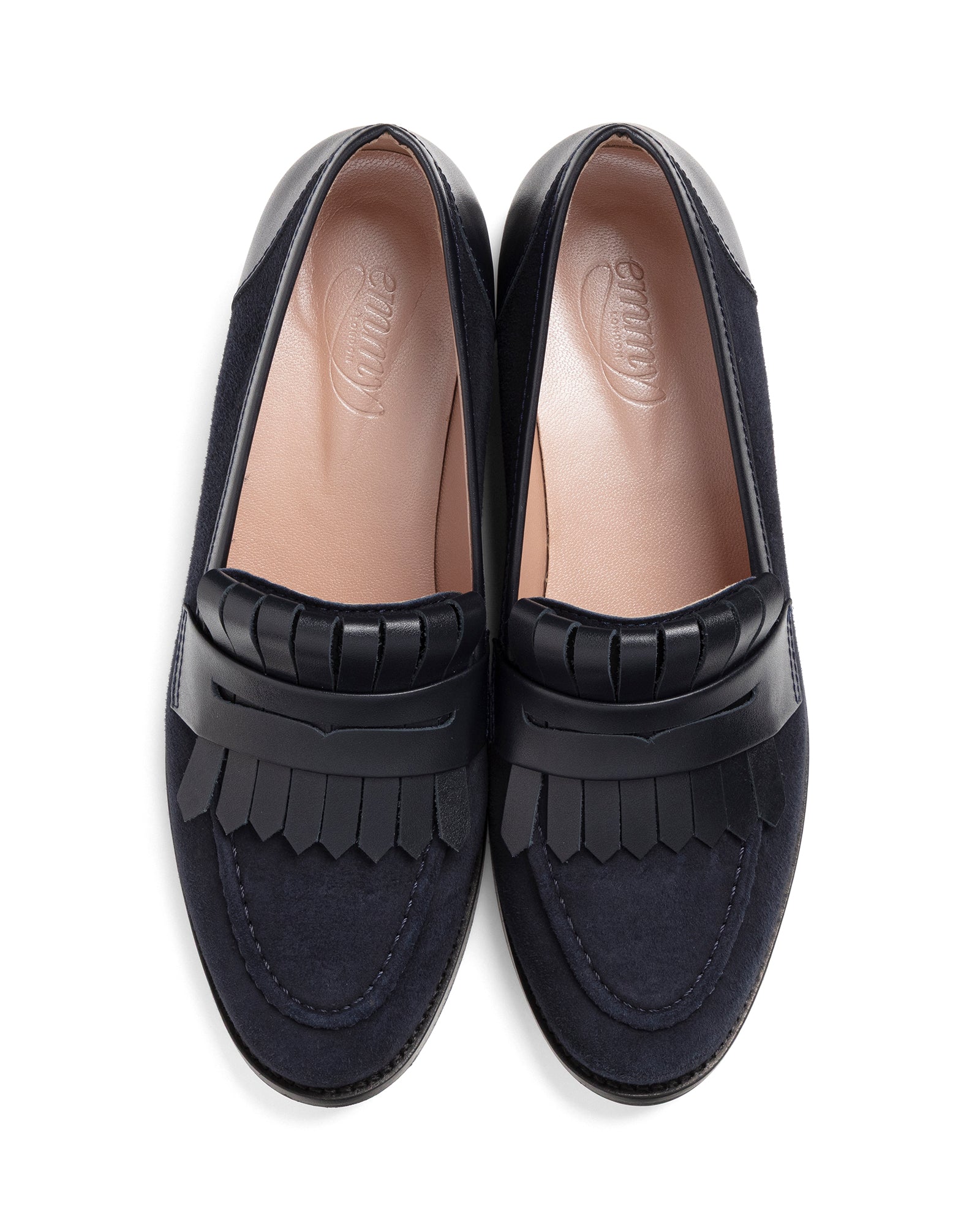 Pair of navy blue loafers with fringe details on a white background image