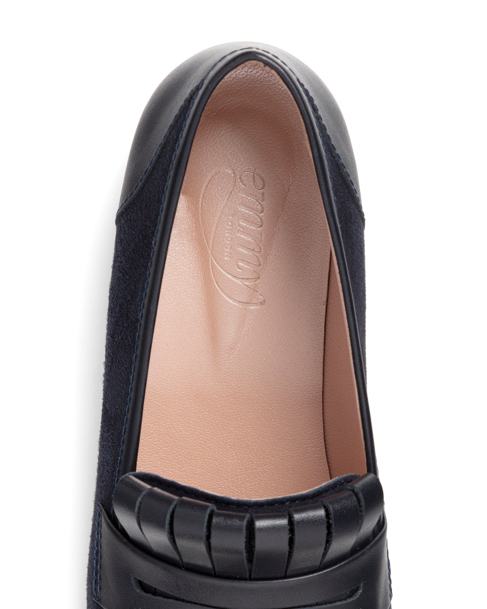 Navy loafer shoe with a visible brand logo on a white background image