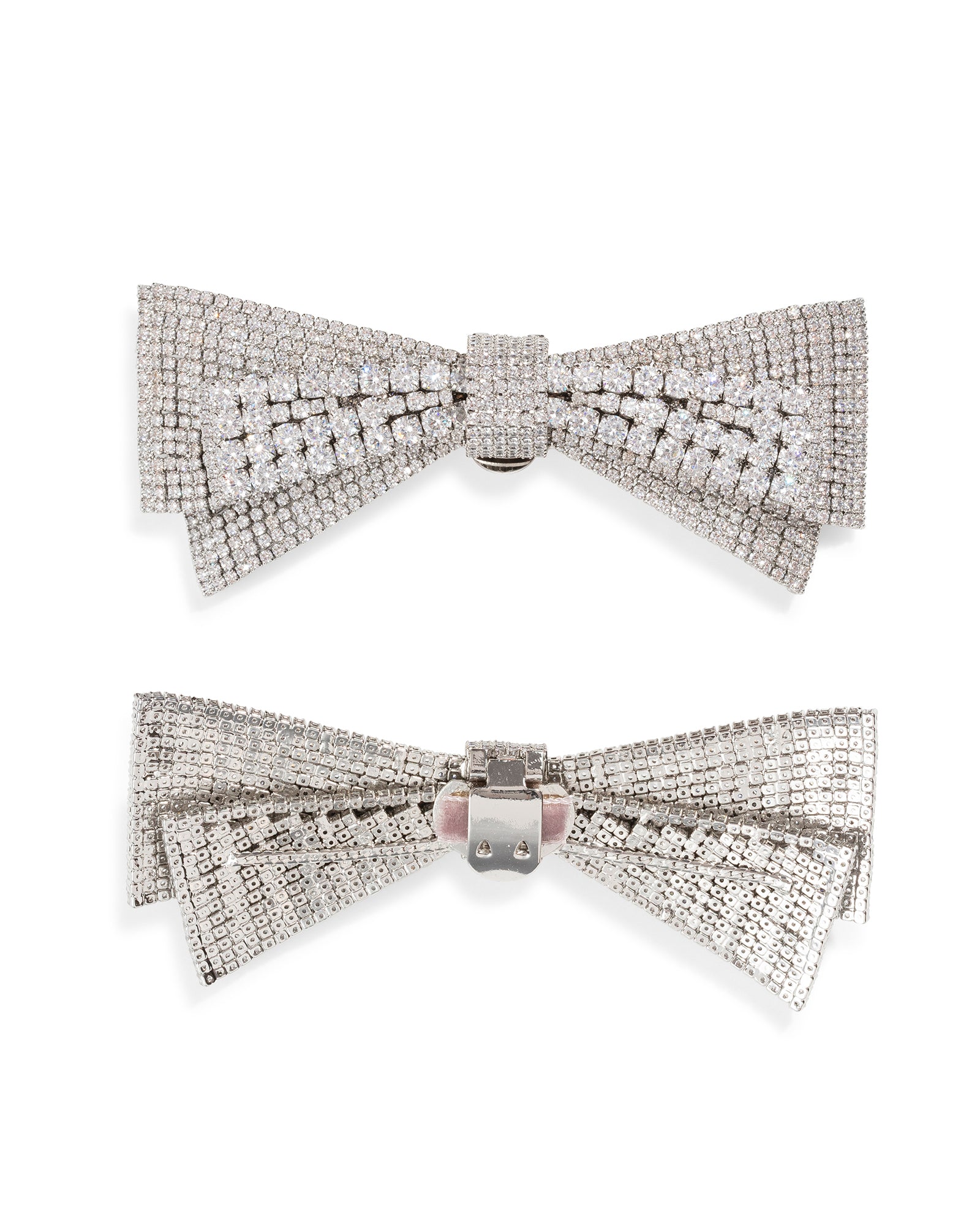 Two crystal-embellished bow shoe clips on a white background image