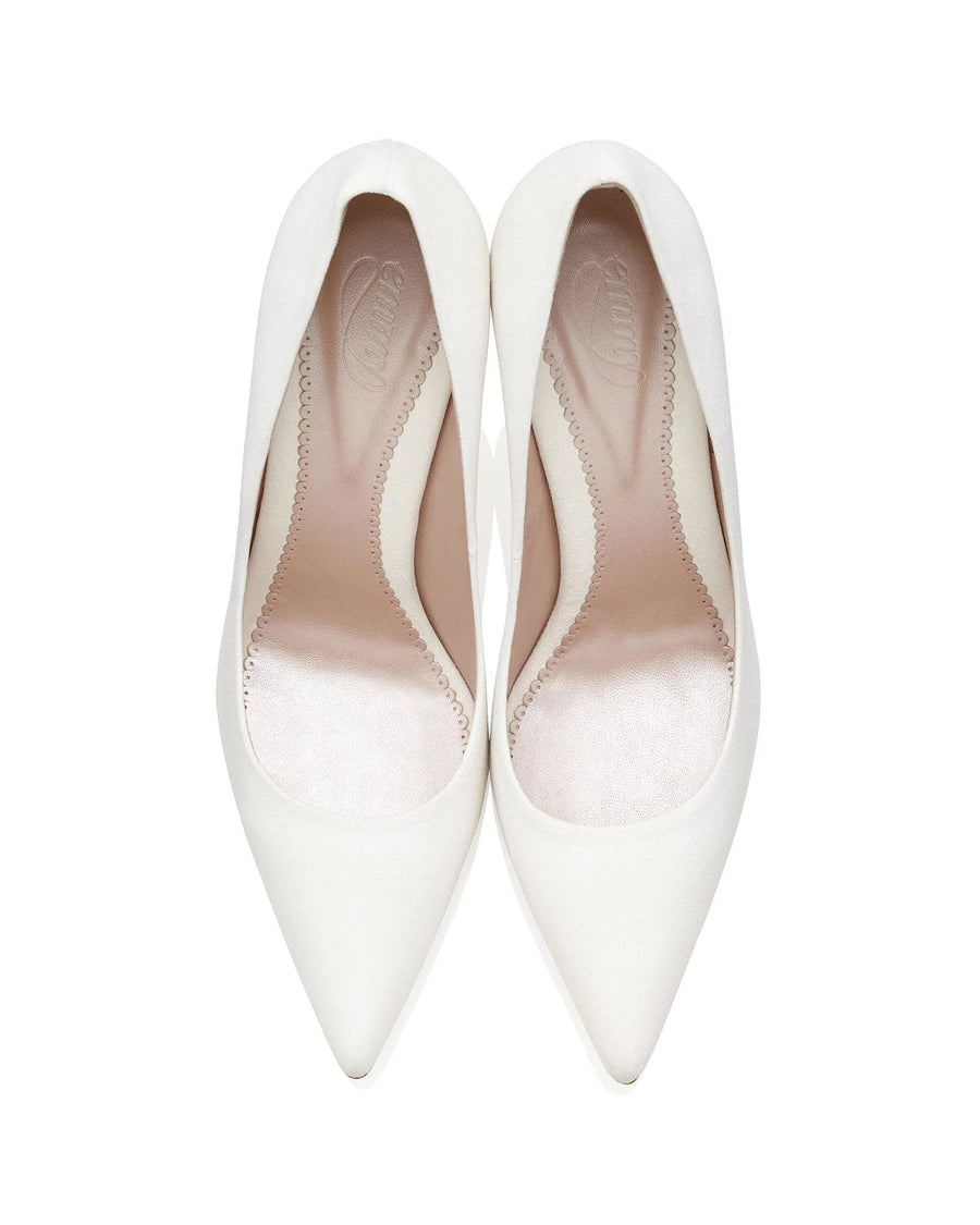 White pointed-toe heels with a sleek design, featuring a smooth interior lining. The shoes are displayed from a top-down angle against a plain white background, showcasing their elegant silhouette. image