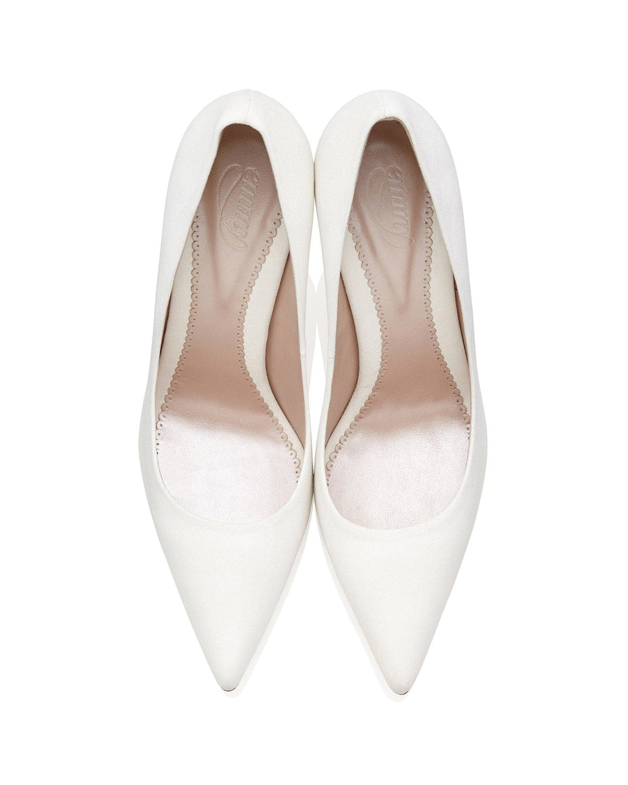 White pointed-toe heels displayed from a top-down angle on a plain white background. The shoes feature a sleek design with a smooth finish. image