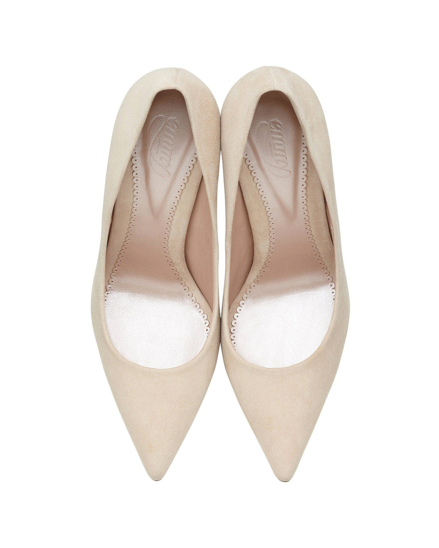 Nude suede pointed-toe heels with a sleek design, featuring a smooth interior and a subtle stitching detail along the edges. The shoes are displayed from a top-down angle against a plain white background. image