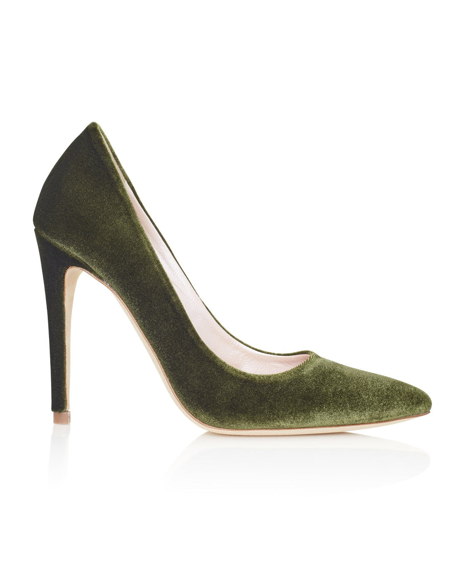 Elegant green suede heels with a pointed toe design, featuring a sleek stiletto heel. The shoe is displayed against a clean white background, showcasing its smooth texture and refined silhouette. image