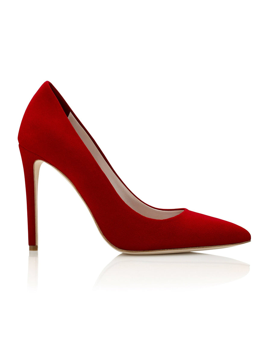 Red suede high heels with a pointed toe design, featuring a stiletto heel. The shoes are displayed against a white background, showcasing their sleek silhouette and elegant style. image