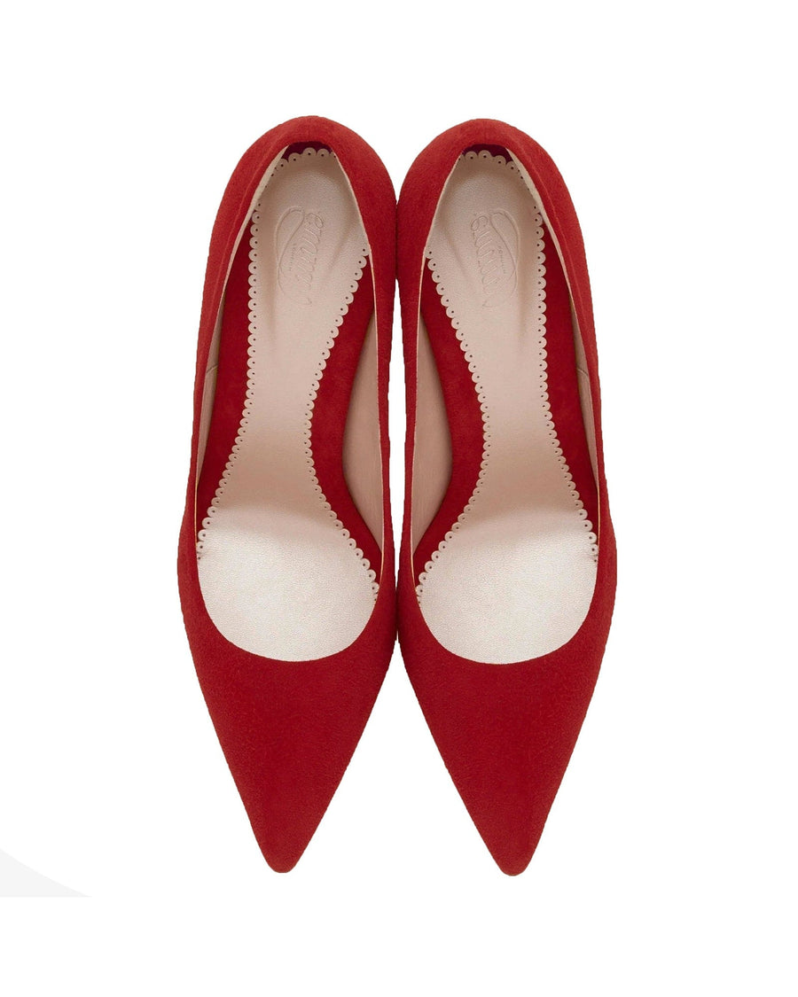 Red suede heels with a pointed toe design, featuring a scalloped edge along the opening. The shoes are displayed from a top-down angle against a white background, highlighting their sleek silhouette. image