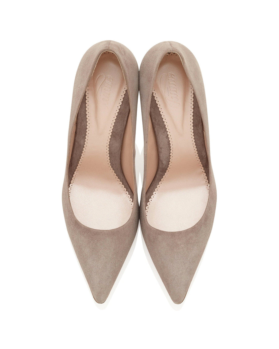 Pointed-toe heels in a soft taupe suede material, featuring a sleek design with a low-cut vamp. The shoes are displayed from a top-down angle against a clean white background, highlighting their elegant silhouette. image