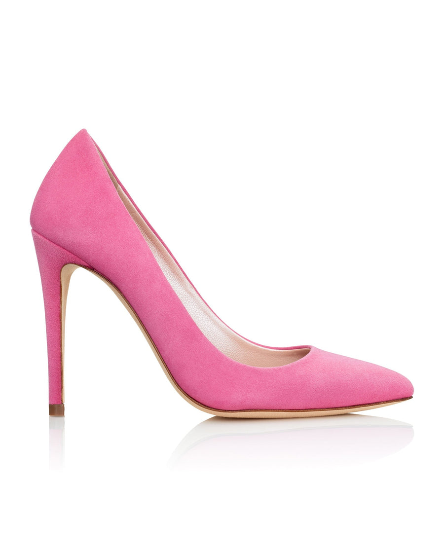 Pink suede high heels with a pointed toe and a stiletto heel, set against a white background. The shoe is displayed from the side, showcasing its sleek silhouette and elegant design. image