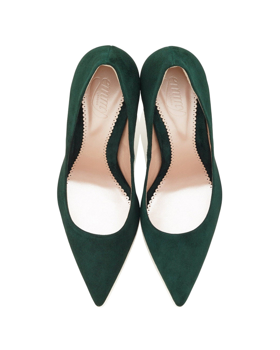 Green suede pointed-toe heels with a sleek design, featuring a low heel. The shoes are displayed from a top-down angle against a white background, highlighting their elegant silhouette. image