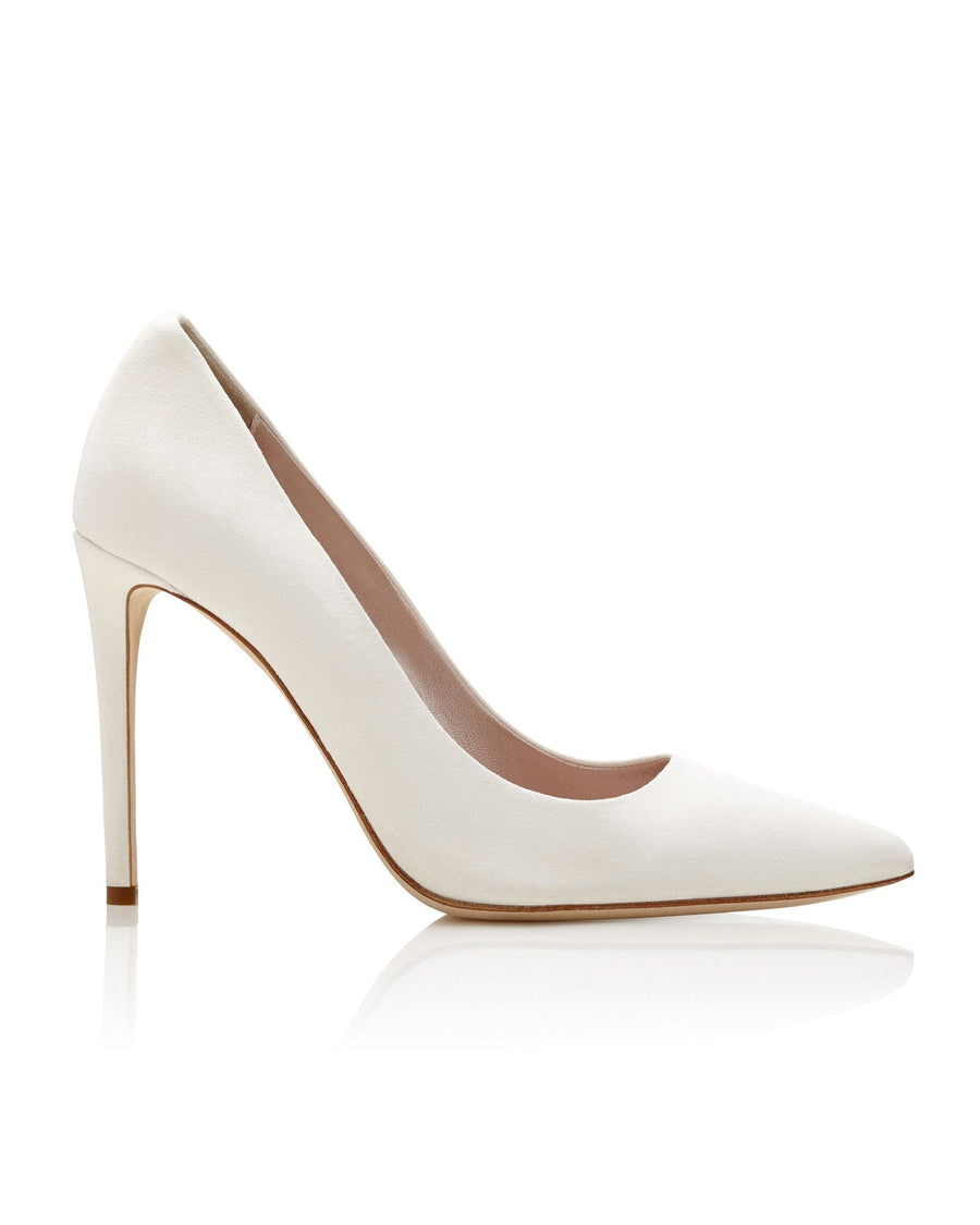 White pointed-toe stiletto heel with a sleek design, set against a clean white background. The shoe features a high heel and is made of a smooth material. The image showcases the shoe from a side angle, highlighting its elegant silhouette. image