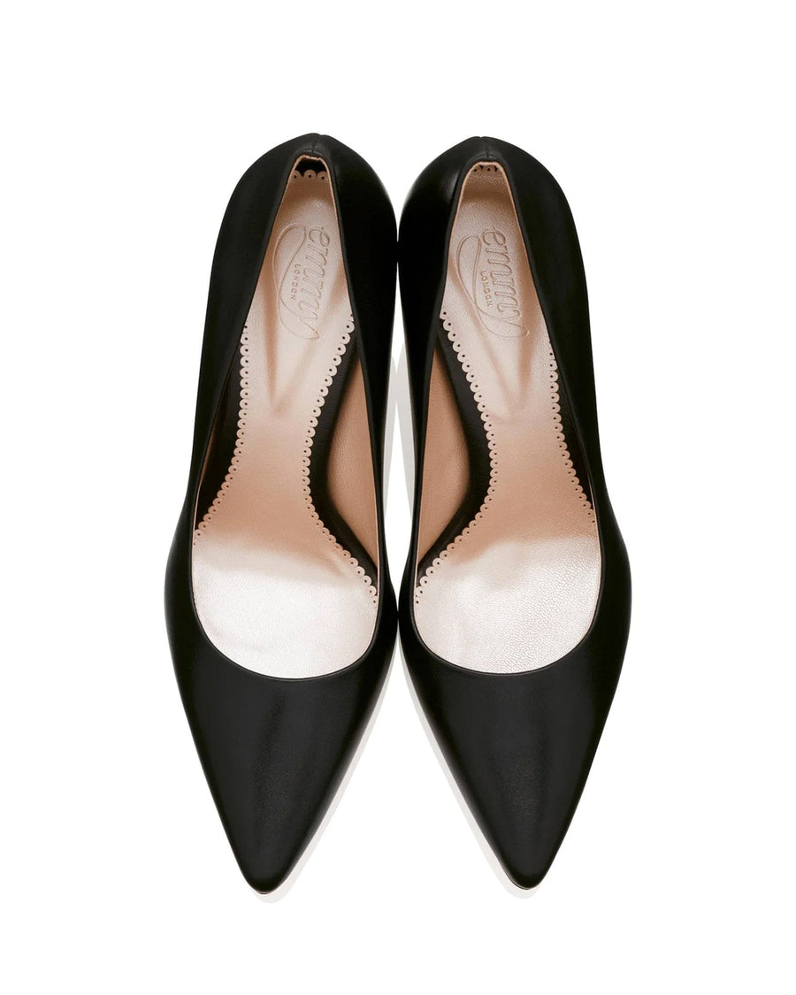 Black leather pointed-toe heels with a sleek design, displayed from a top-down angle. The interior features a smooth finish, and the shoes are set against a plain white background. image
