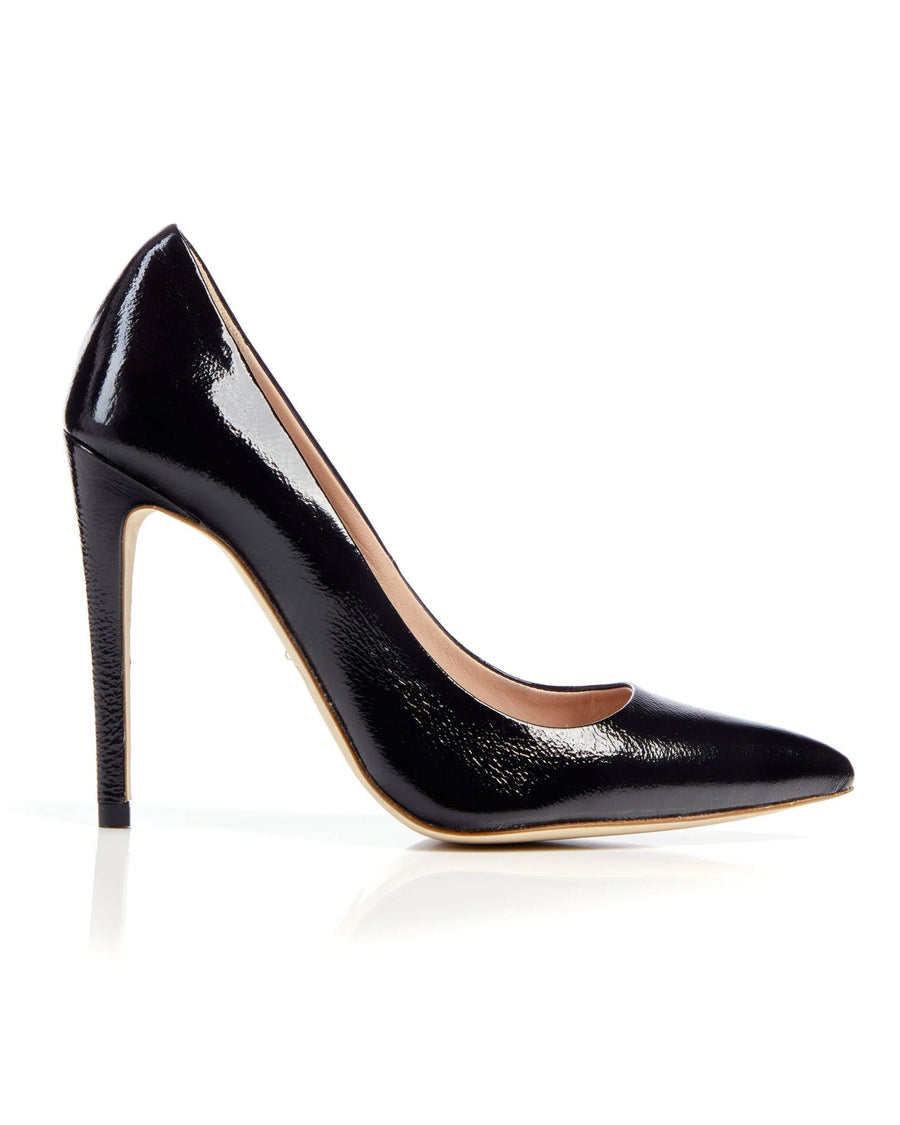 Black patent leather high heels with a pointed toe, set against a white background. The shoe is displayed from a side angle, showcasing its sleek design and stiletto heel. image