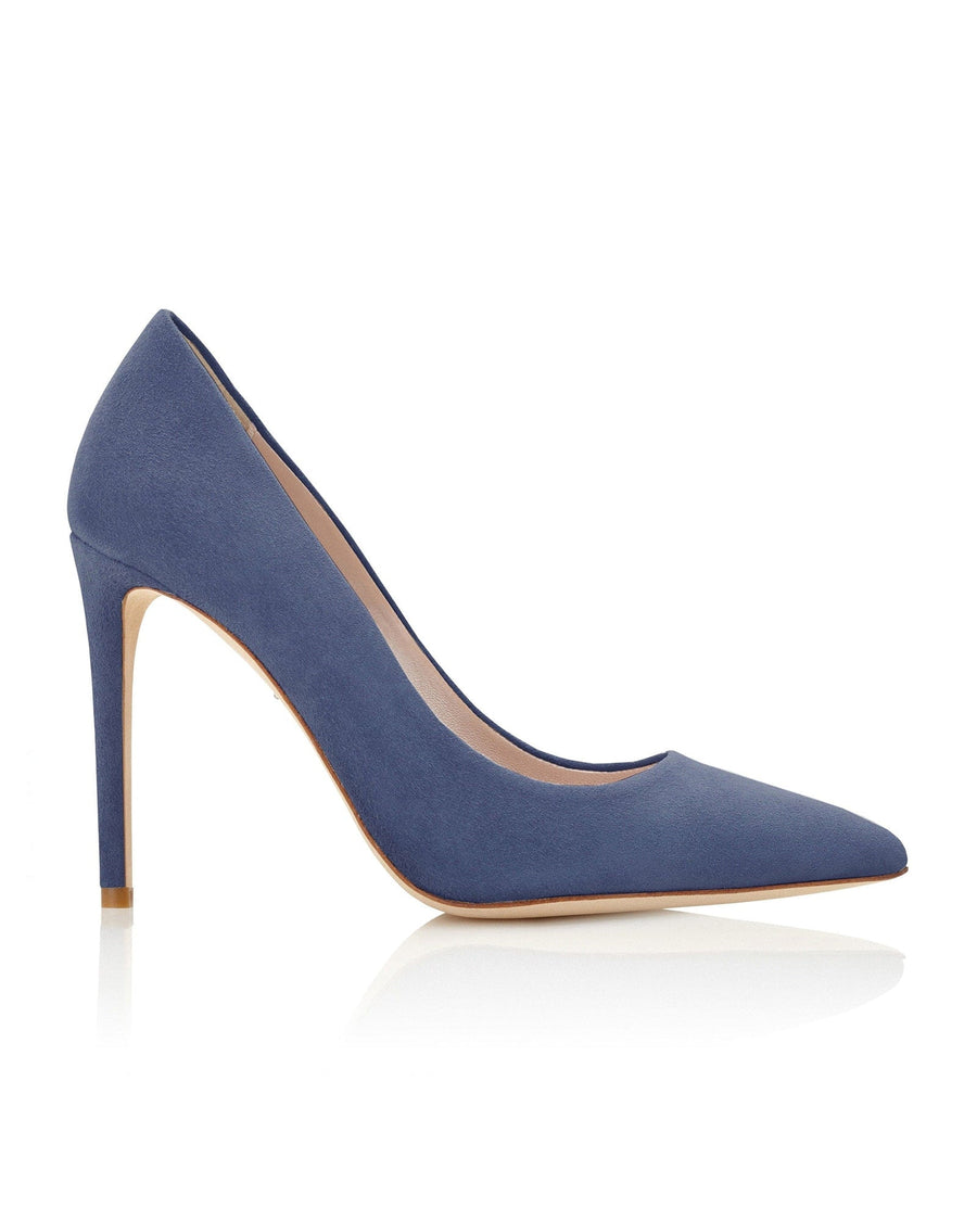 Blue suede high heels with a pointed toe, displayed against a white background. The shoe is shown from a side angle, highlighting its sleek silhouette and elegant design. image