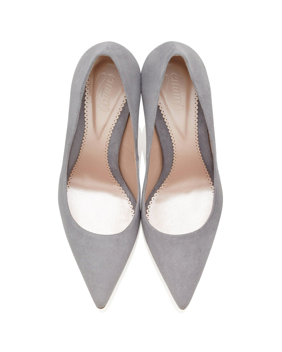 Gray suede pointed-toe heels with a sleek design, featuring a white sole. The image is taken from a top-down angle, showcasing the smooth interior lining and the elegant silhouette of the shoes against a plain white background. image