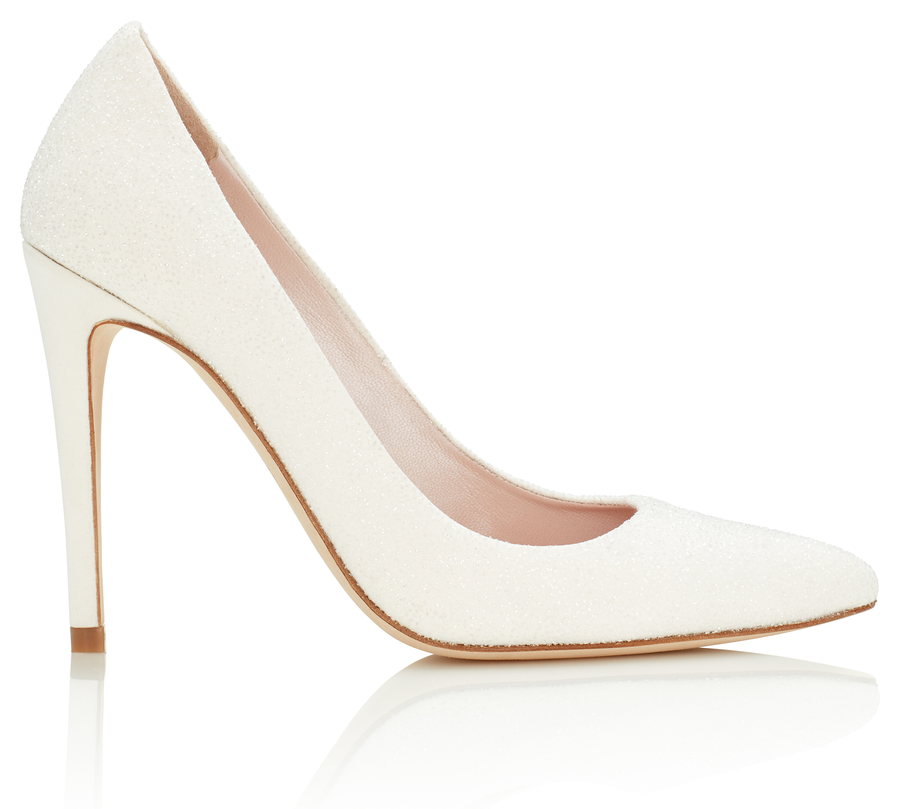 White high heels with a glittery finish, featuring a pointed toe and a sleek silhouette. The shoes are displayed against a clean, white background, showcasing their elegant design. image