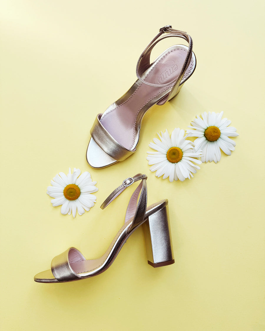 Gold Sandals On Yellow Background image