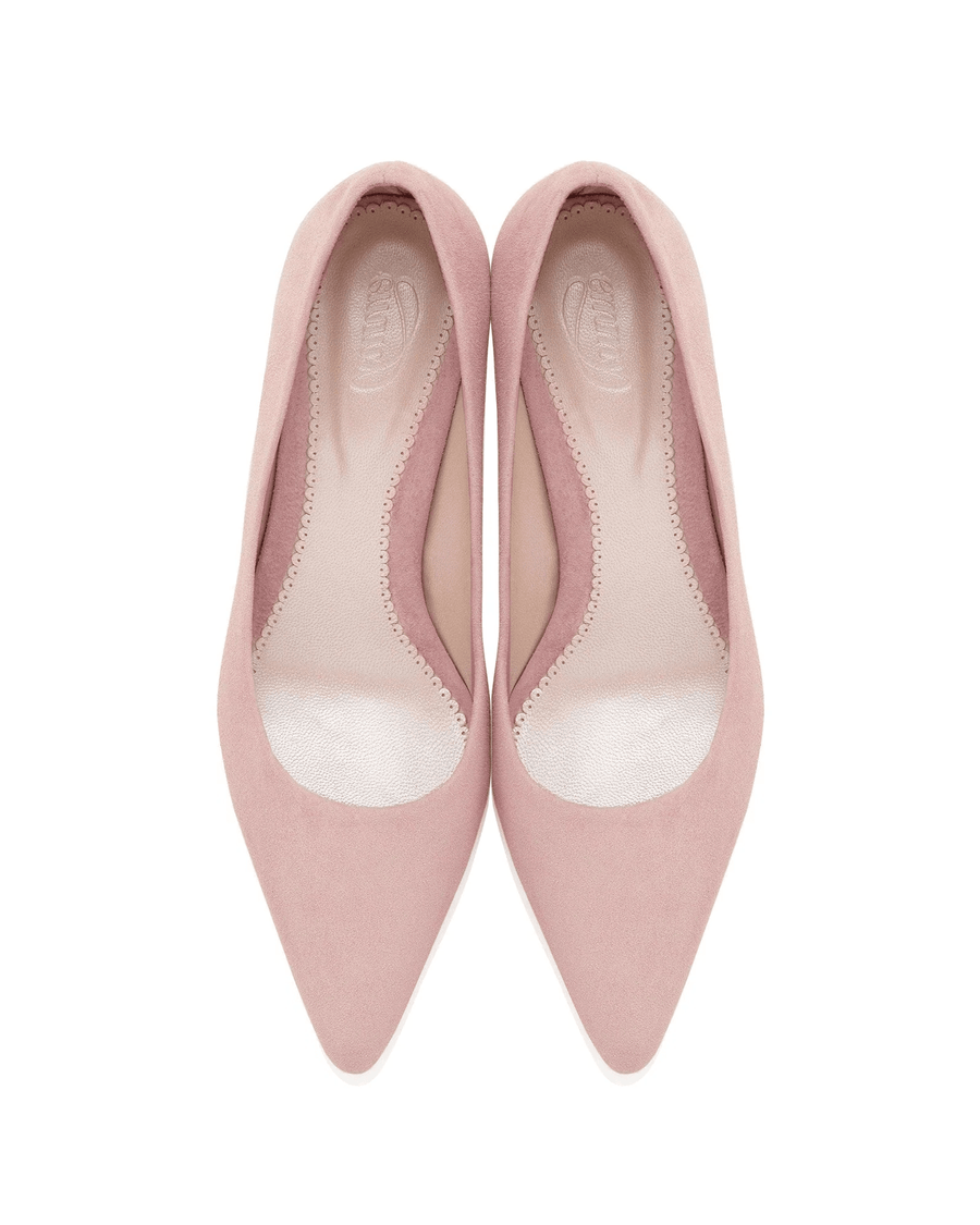 Pink suede pointed-toe heels with a sleek design, viewed from above against a white background. The shoes feature a low heel and a smooth interior lining. image