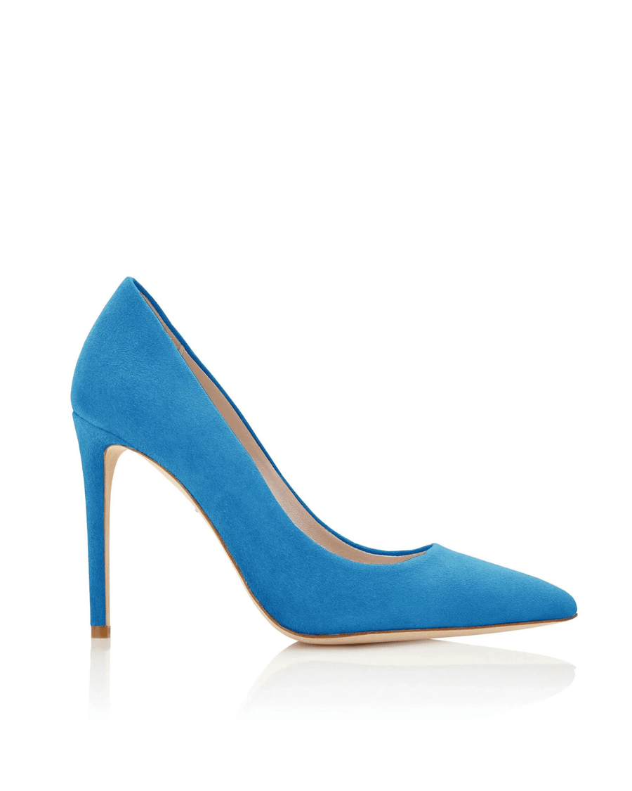 Blue suede high heels with a pointed toe, displayed against a clean white background. The shoe is shown from the side, highlighting its sleek silhouette and elegant design. image