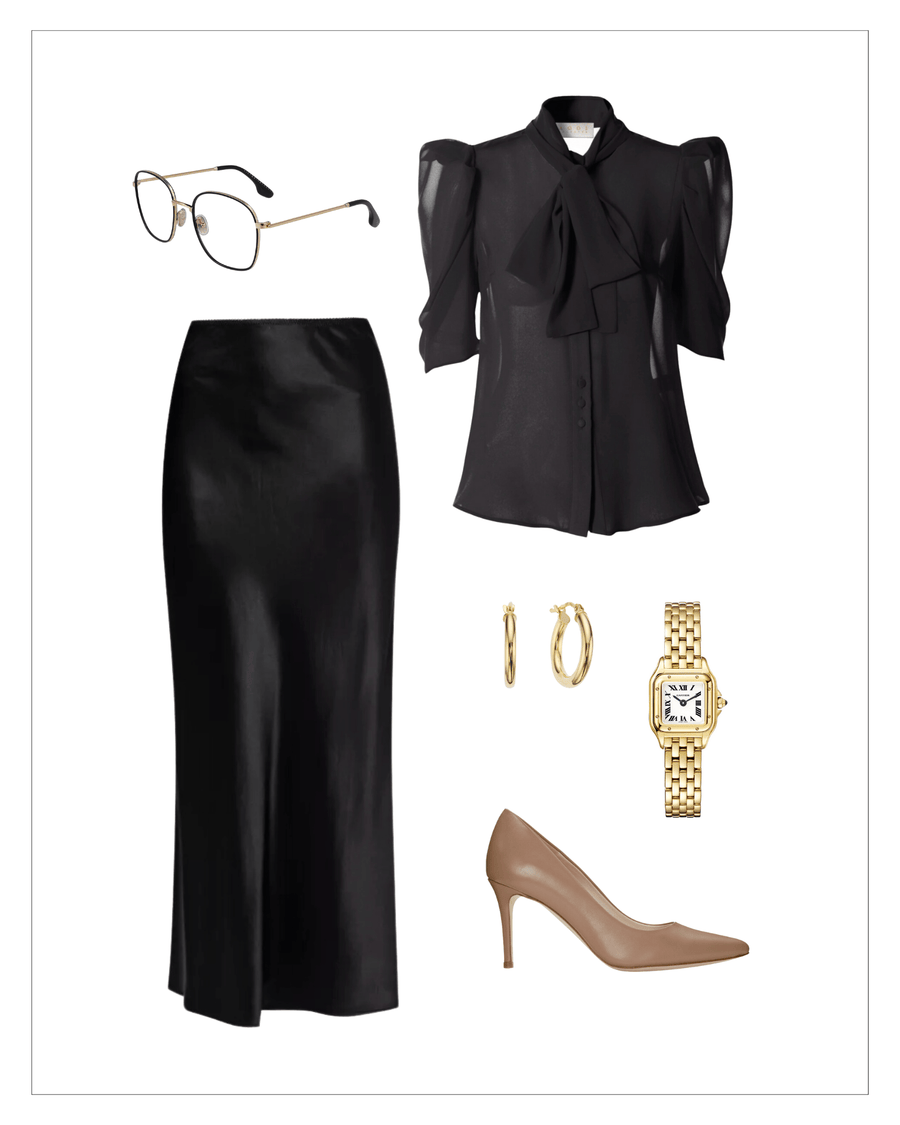 Elegant beige leather heels complement a chic black blouse with puff sleeves and a sleek black satin skirt. The outfit is accessorized with gold hoop earrings, a gold watch, and stylish eyeglasses. The image is taken from a frontal angle against a clean white background, showcasing the complete ensemble. image