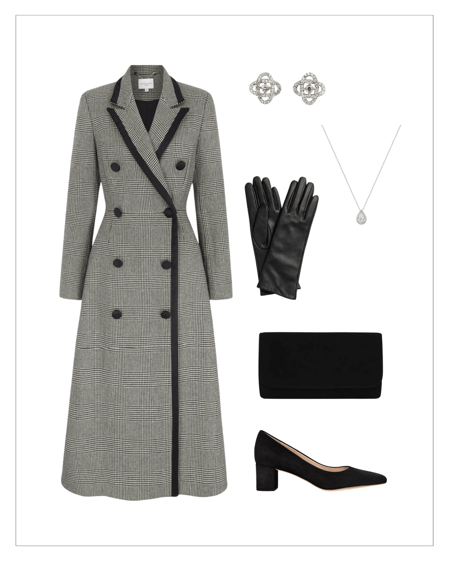 Elegant black suede heels with a moderate block heel are paired with a stylish gray houndstooth double-breasted coat, black leather gloves, a sparkling necklace, and embellished earrings. The shoes are positioned on a clean, white background, showcasing their sleek design. image