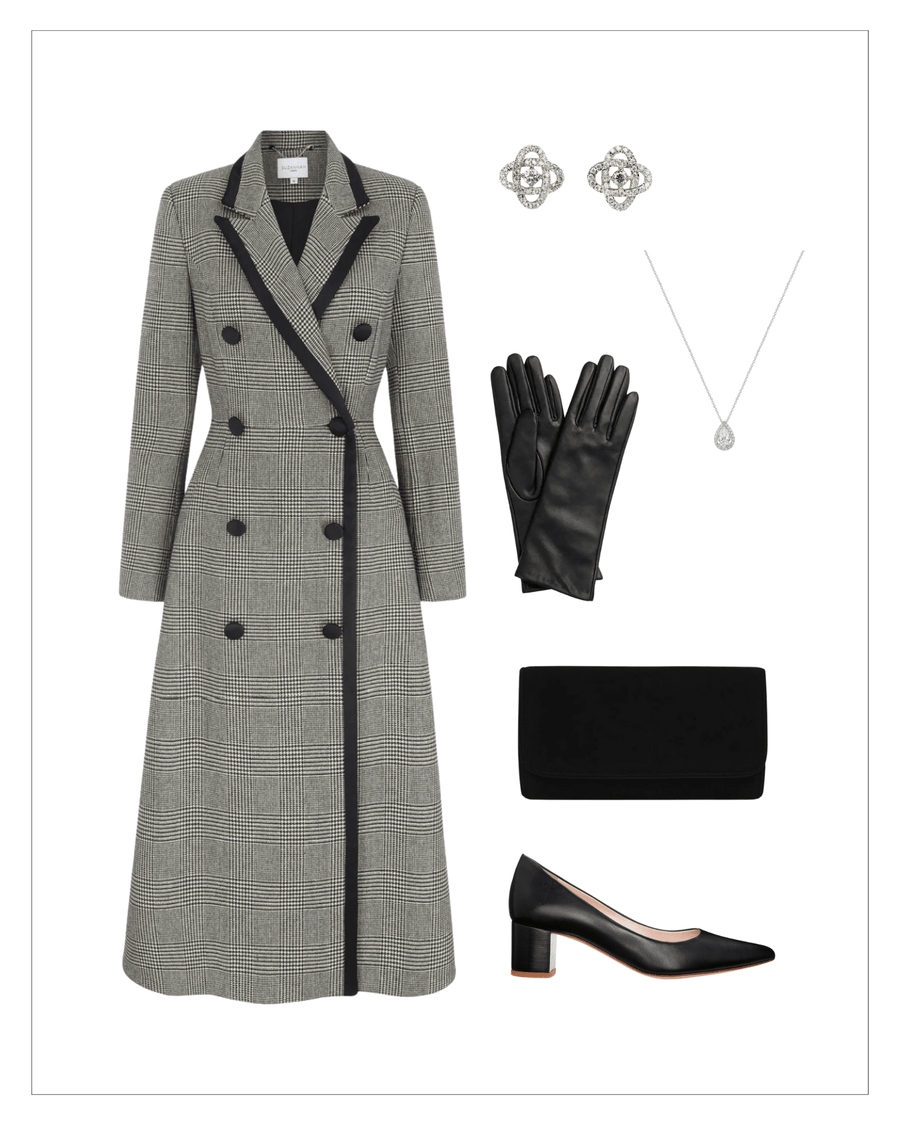 A stylish gray houndstooth coat with a double-breasted design is featured prominently in the image, accompanied by elegant silver earrings, black leather gloves, a delicate silver necklace with a teardrop pendant, a sleek black clutch, and a pair of black leather heels. The heels have a moderate height and a classic silhouette, set against a clean white background that highlights the ensemble. The coat is displayed on a flat surface, showcasing its tailored fit and sophisticated pattern. image