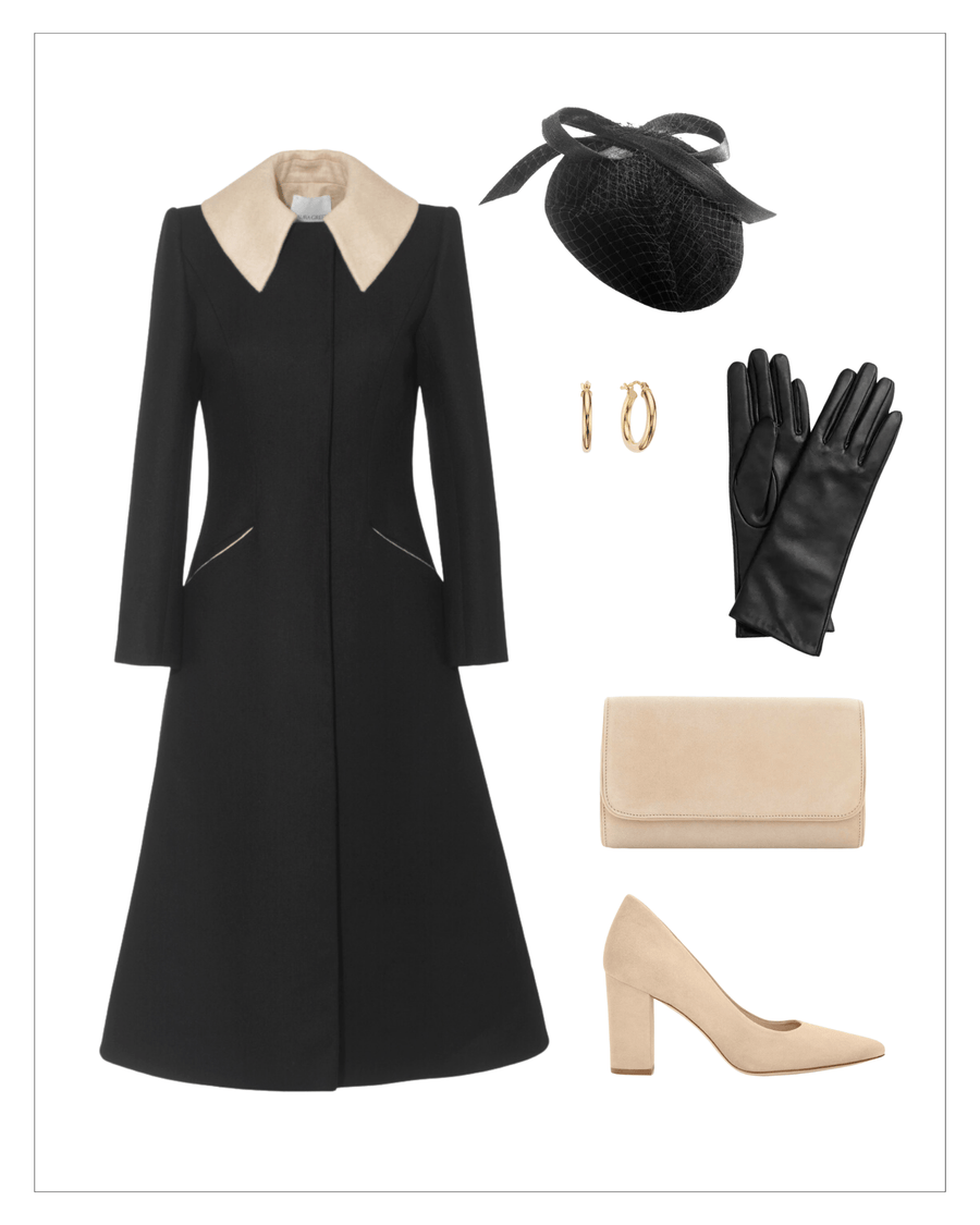 Elegant black coat with a contrasting beige collar, paired with a stylish black woven hat adorned with a bow. The ensemble includes gold hoop earrings, sleek black leather gloves, and a beige clutch. The shoes are beige suede heels with a moderate height, positioned on a clean white background, showcasing the entire outfit from a slightly elevated angle. image