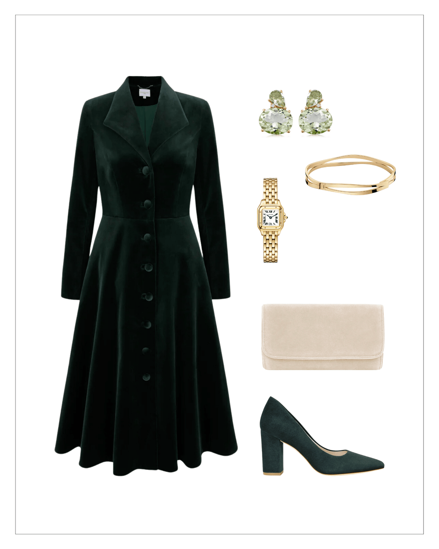 Elegant green suede heels with a block heel, paired with a matching green velvet dress, displayed on a white background. The dress features a button-down front and a flared skirt. Accessories include light green earrings, a gold watch, a gold bangle, and a beige clutch, all arranged neatly around the dress and shoes. image