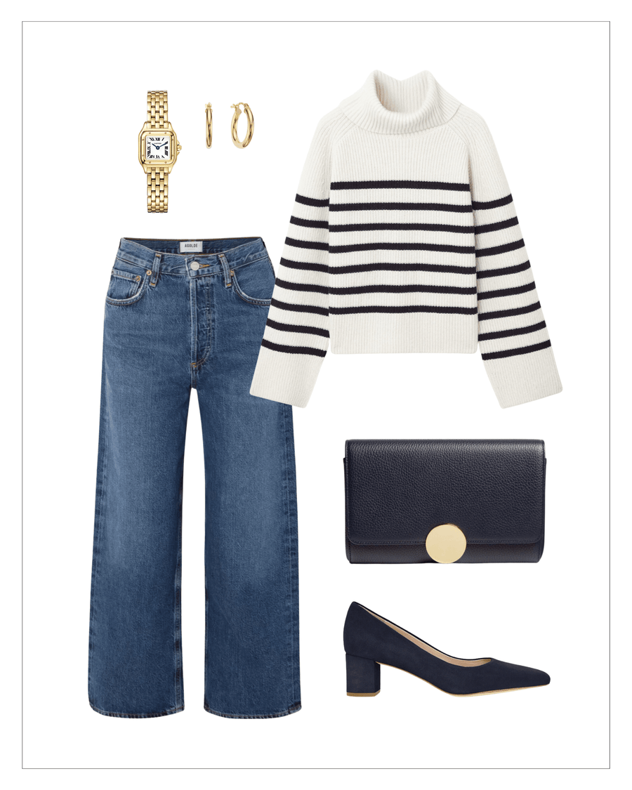 Navy suede heels with a moderate heel height are paired with a casual outfit featuring a white and black striped turtleneck sweater and wide-leg blue jeans. The ensemble is accessorized with a gold watch, hoop earrings, and a black clutch bag. The image is styled against a clean white background, showcasing the outfit from a top-down angle. image