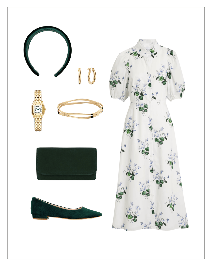 Elegant green suede flats with a low heel are styled alongside a floral midi dress, a matching green clutch, and gold accessories including a watch, earrings, and a bangle. The image is set against a clean white background, showcasing the outfit from a top-down angle. A green headband complements the look. image