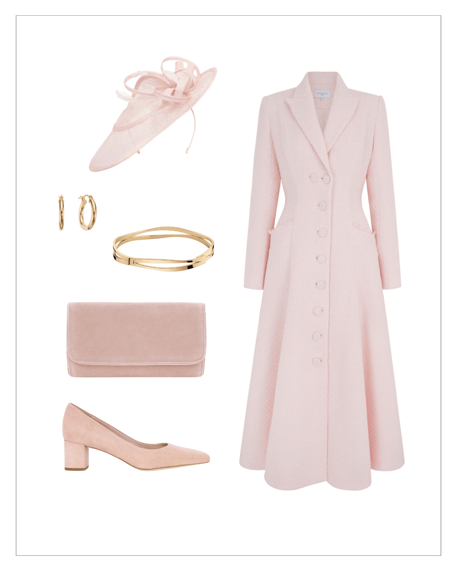 Elegant pink suede heels with a block heel, paired with a matching pink coat featuring a tailored silhouette and button details. The outfit is complemented by a delicate pink fascinator, gold hoop earrings, a gold bangle, and a soft pink clutch. The image is styled against a clean, white background, showcasing the ensemble in a flat lay arrangement. image