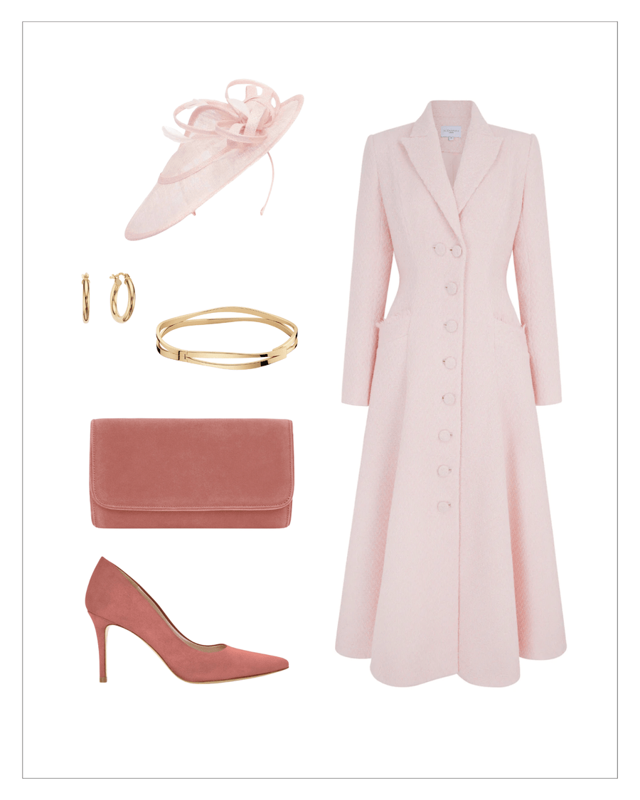 Elegant pink heels with a sleek design complement a matching pink coat, which features a tailored silhouette and button detailing. The outfit is styled with a delicate pink fascinator, gold hoop earrings, a gold bangle, and a soft pink clutch. The background is neutral, allowing the pastel colors to stand out, and the heels are positioned prominently in the foreground, showcasing their refined shape. image