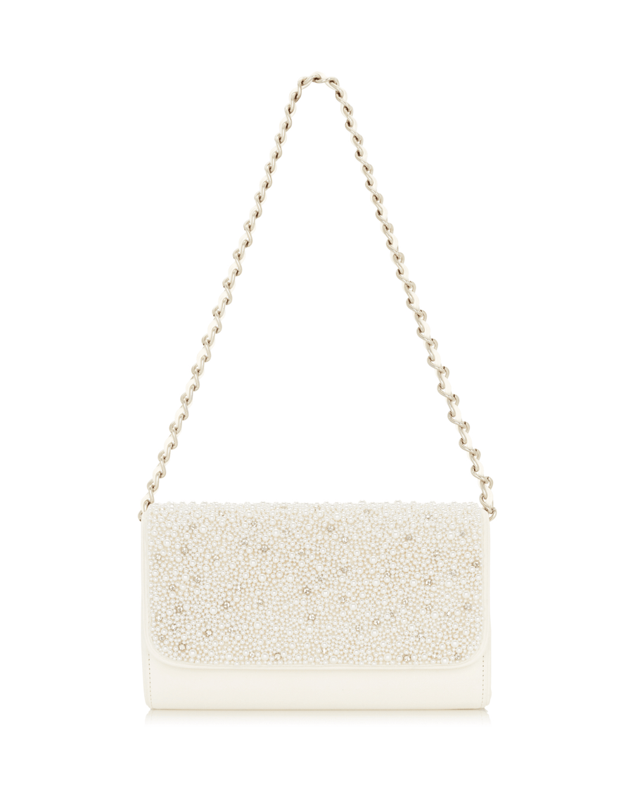 White clutch bag featuring a beaded design on the front, with a silver chain strap. The bag is displayed against a plain white background, showcasing its elegant and sophisticated style. image