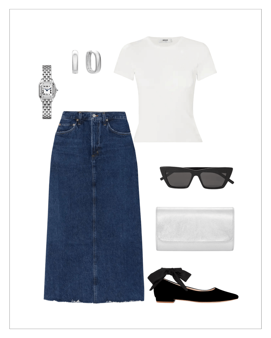 Black suede flats with a low heel, styled with a white fitted t-shirt and a denim midi skirt. Accessories include a silver watch, hoop earrings, oversized black sunglasses, and a silver clutch. The image features a flat lay arrangement against a clean white background. image