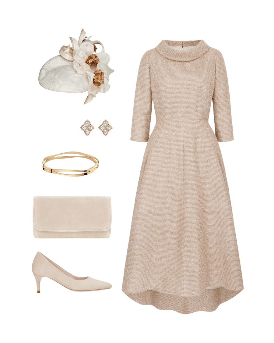 Elegant beige dress with a high neckline and three-quarter sleeves, accompanied by a matching clutch and a pair of light-colored heels. The heels are mid-height and made of leather. The outfit is styled with a decorative hat featuring flowers and a pair of sparkling earrings, set against a clean, white background. image