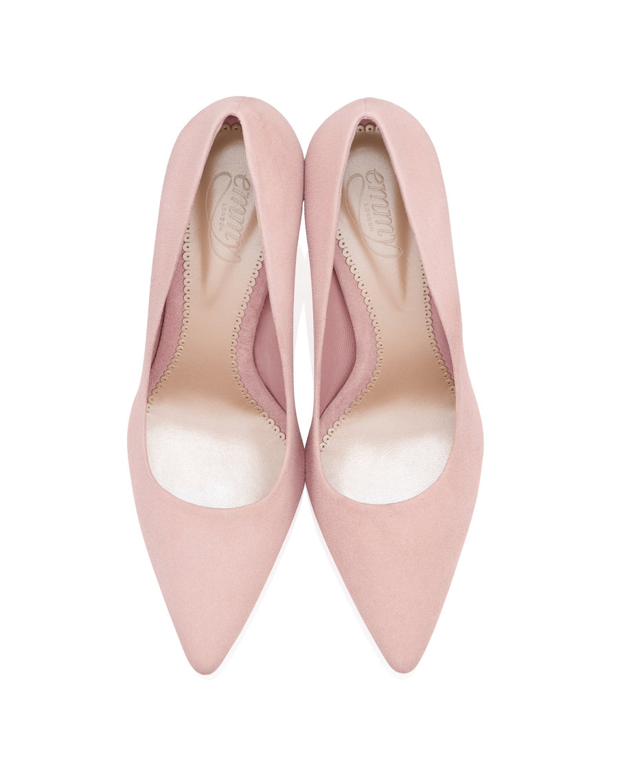 Pink suede heels with a pointed toe design, featuring a smooth interior lining. The shoes are displayed from a top-down angle against a white background, highlighting their elegant shape. image