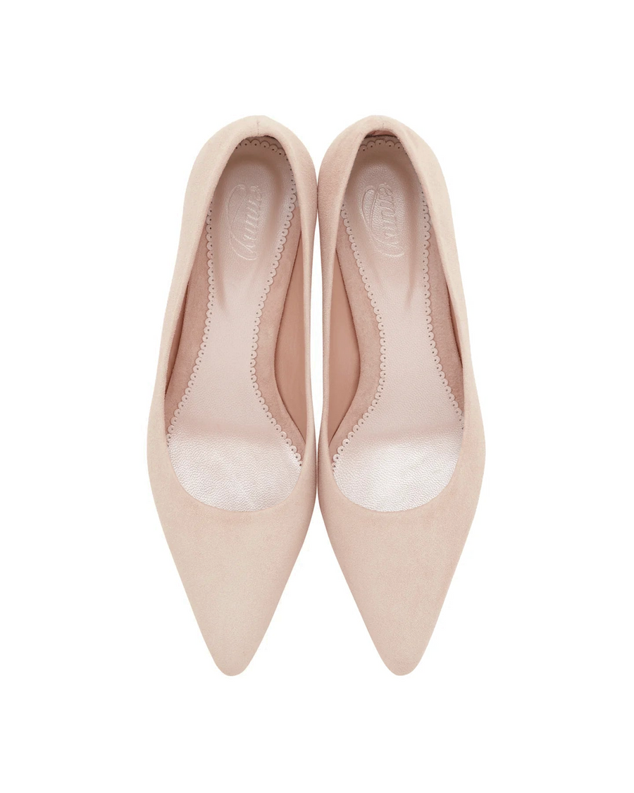 Pointed-toe nude suede heels with a sleek design, displayed from a top-down angle against a white background. The shoes feature a smooth interior lining and a classic silhouette, perfect for formal occasions. image