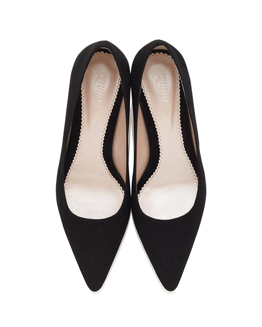 Black suede pointed-toe heels with a sleek design, featuring a low-cut vamp and a smooth interior. The shoes are displayed from a top-down angle against a neutral background, highlighting their elegant silhouette. image