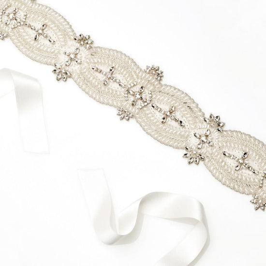 Angelina Belt Silver Bridal Belt Hand-Beaded Pearl & Crystal Belt 