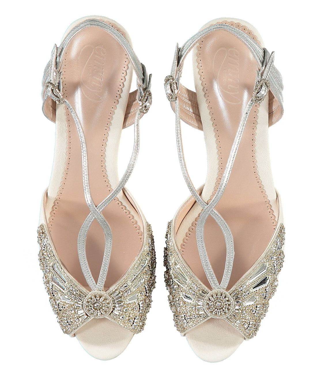 Bella Ivory & Silver Bridal Shoe Ivory Kitten Block Heel Bridal Sandal