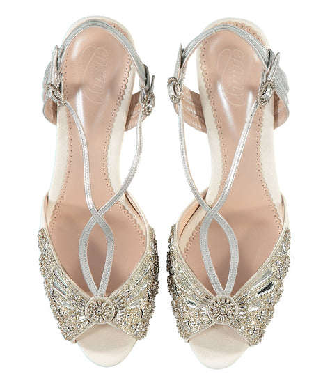 Bella Ivory & Silver Bridal Shoe Ivory Kitten Block Heel Bridal Sandal