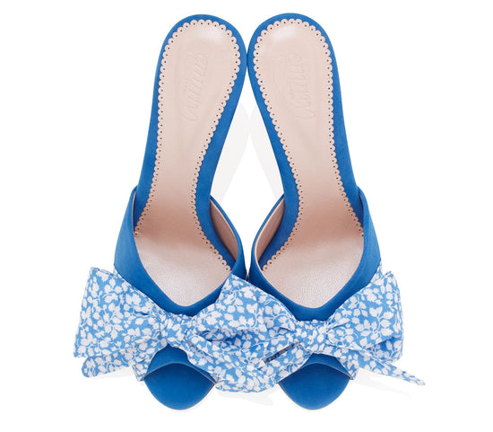 Florence Glenjade Mule Fashion Shoe Blue Suede Mules with Liberty Print Bow