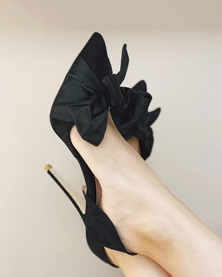 Florence Jet Mid Fashion Shoe Black Suede Court Shoe with Satin Bow