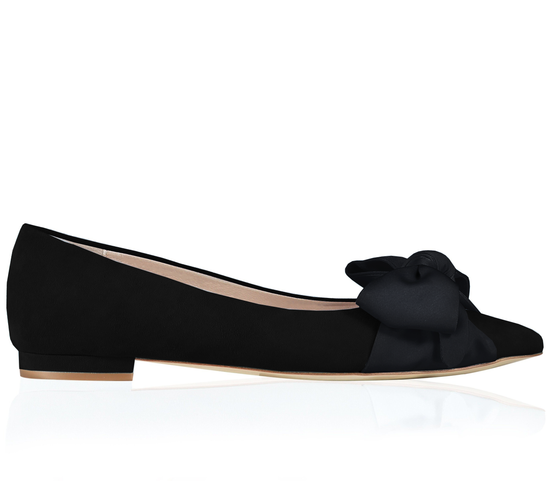 Florence Flat Jet Fashion Shoe Black Suede Flat Shoe with Satin Bow