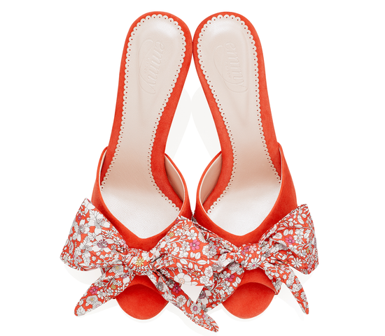 Florence Terrazzo Mule Fashion Shoe Orange Suede Mules with Liberty Print Bow