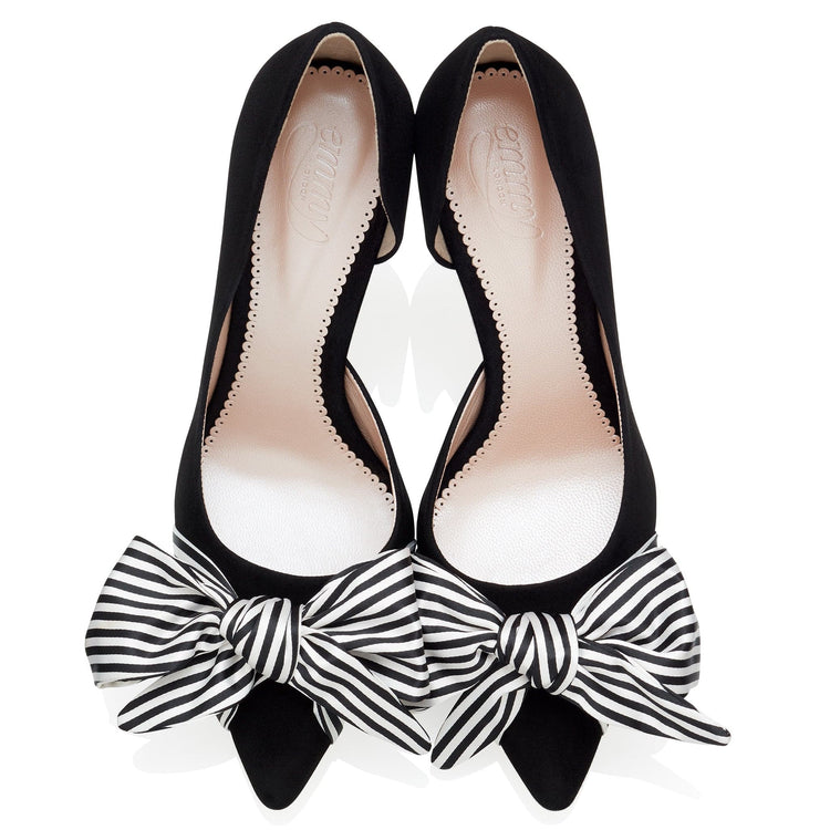 Florence Mid Liquorice Stripe Fashion Shoe Black Suede Shoes with Print Satin Bow