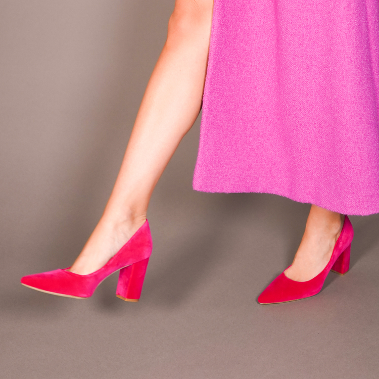 Josie Hot Pink Velvet Fashion Shoe Pointed Block Heel Court Shoes