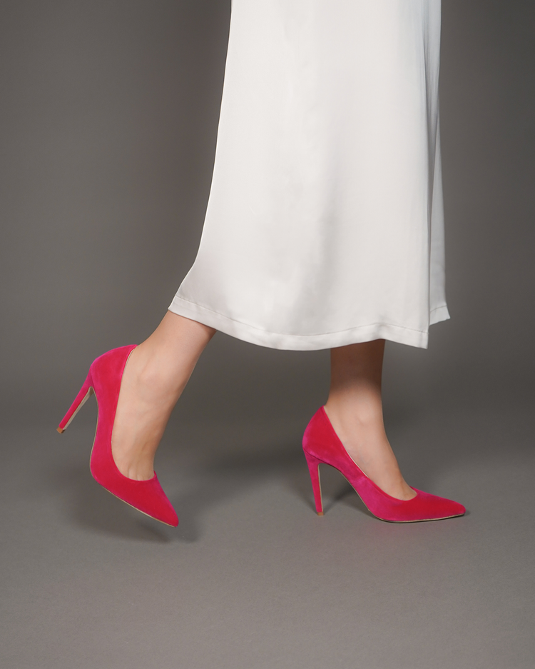 Rebecca Hot Pink Velvet Fashion Shoe Pink Velvet Pointed High Heel Court